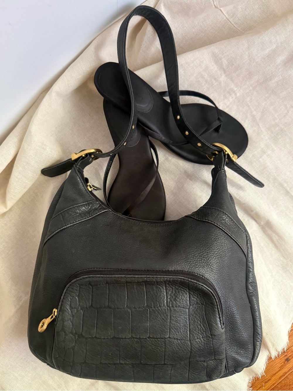 Stone Mountain Black Leather Hobo Bag 90s Soft Croc Multi Pocket Shoulder Bag